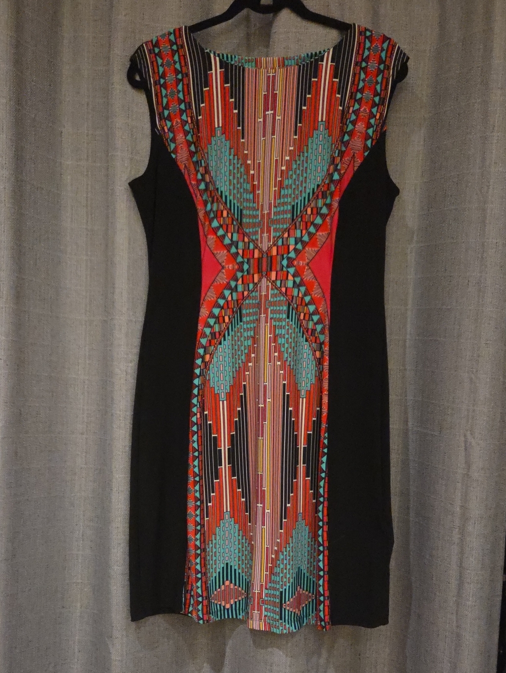 Sleeveless Black Dress with Red and Teal Geometric Panel